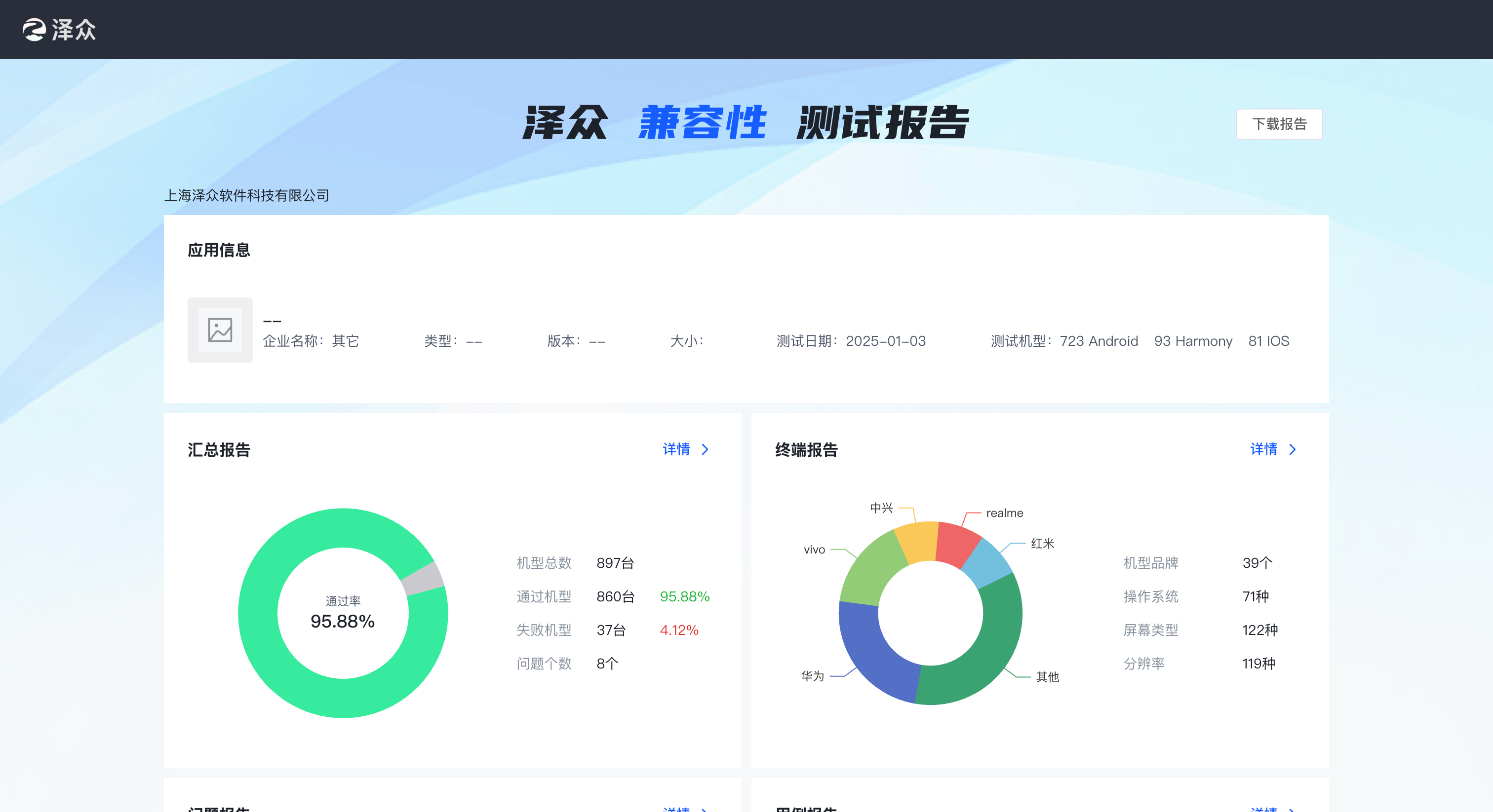 Professional Test Reports interface
